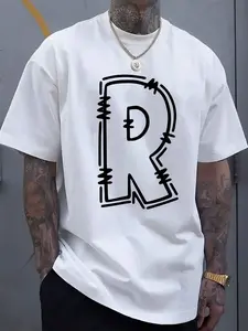Men's Breathable Cotton T-Shirt with Bold "R" Print - Casual Round Neck, Short Sleeve, Ideal for Spring & Summer Leisure, Comfortable & Stylish