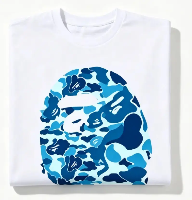 Vintage Blue Shade Camo Monkey Outline Print Casual T-Shirt Street Style Short Sleeve Top For Youth Men Women