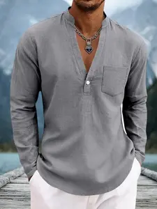 Men's Deep V Neck Linen Blend Fabric Shirt, Hipster Style, Casual Long Sleeve Button Up Top, Suitable for Beach and Daily Wear, Stylish
