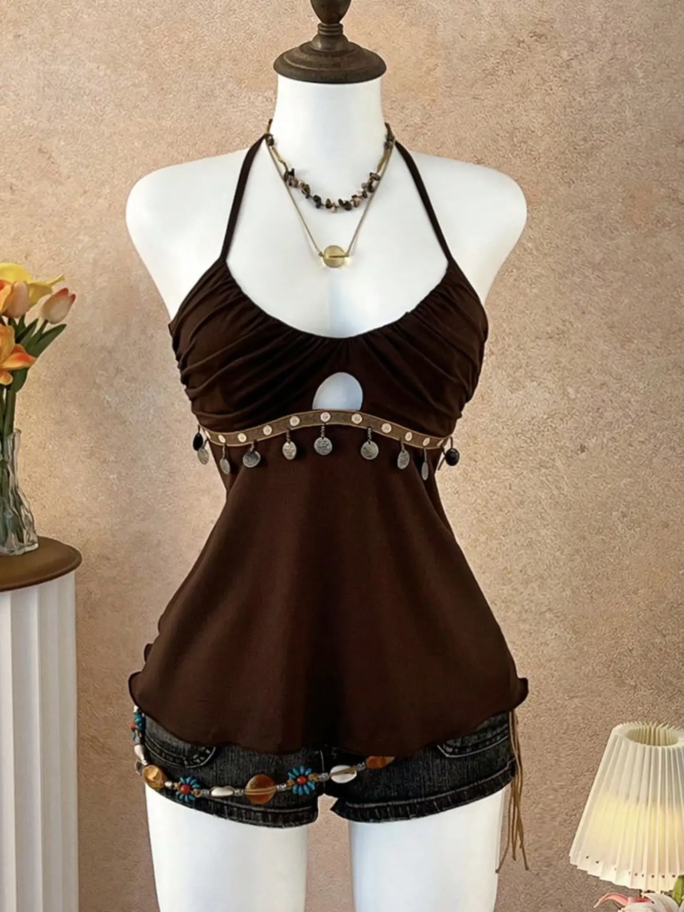 Women's Summer V-Neck Beaded Tie Neck Backless Vest, Fitted Sleeveless, Casual Halter Backless, Fashion Vintage Design, Slim-Fitting, Solid Color, No Zipper, No Collar, Casual Sleeveless Top