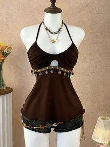 Women's Summer V-Neck Beaded Tie Neck Backless Vest, Casual Halter Backless, Fashion Vintage Design, Slim-Fitting, Solid Color, No Zipper, No Collar