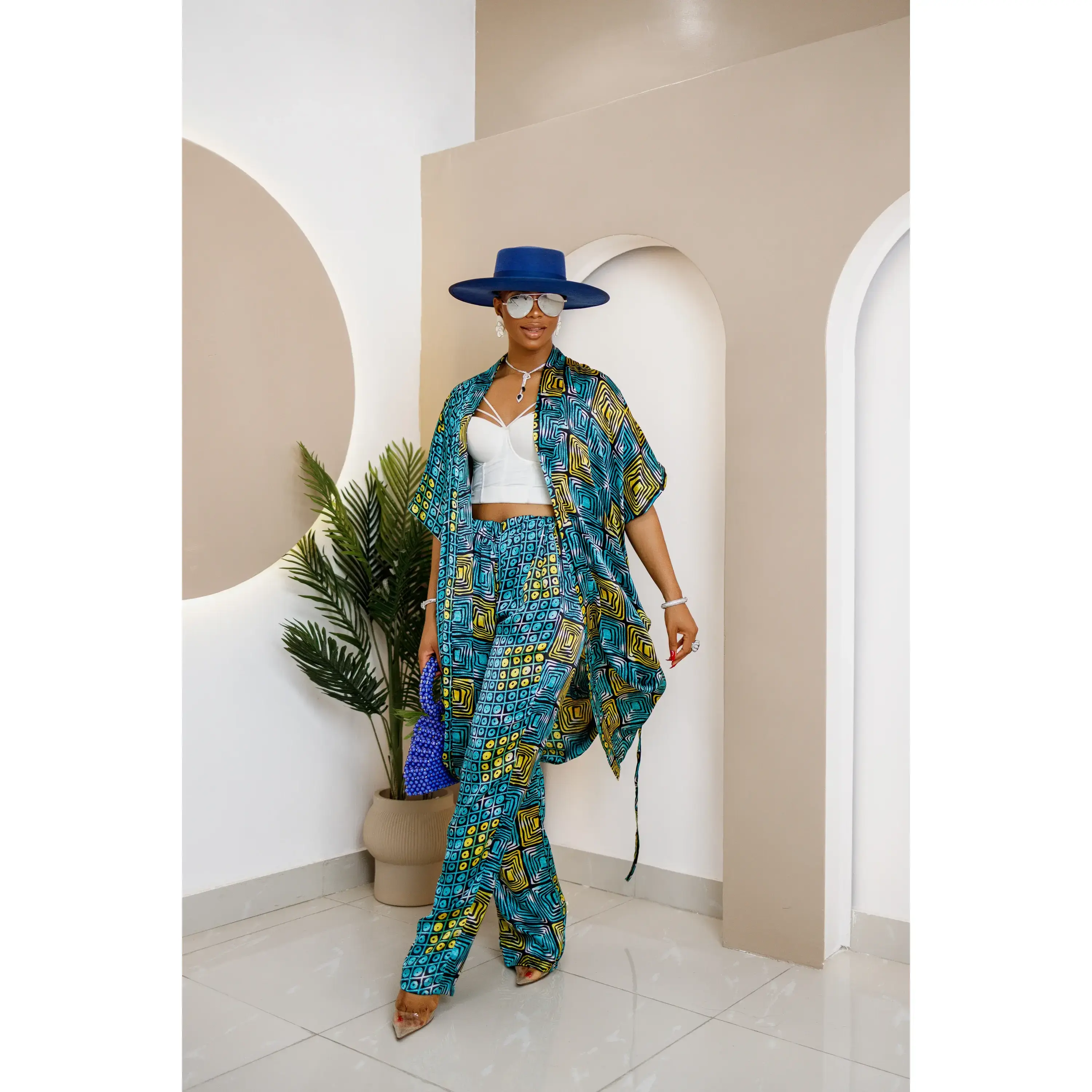 Women's Aniobi Ankara Silk Blend 2-Piece Coordinated Set - Open Neck African Kimono Shirt, Wide-Leg Trousers, Geometric Print, Breathable, Elegant Statement Style Formal Wear