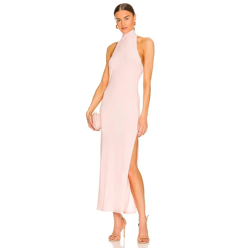 Norma Kamali x REVOLVE Halter Turtle Side Slit Gown in Blush