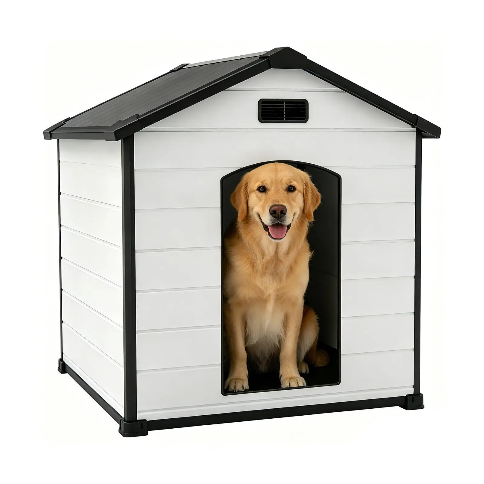 GARVEE Large Dog House Outdoor, 54'' Weatherproof Resin Plastic Dog Kennel with Elevated Floor & Air Vent, Extra Large Dogs Shelter for Large Breed White+Black