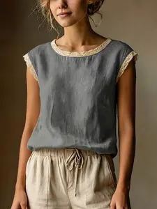 Women's Vintage Linen Short Sleeve Top, Lace Patchwork Round Neck Loose Fit Summer Breathable Linen T-Shirt, Casual Fashion