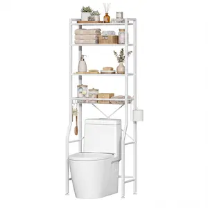 68IN Freestanding Bathroom Storage Rack Iron and Wood Over-the-Toilet Organizer Bathroom Shelf for Towels and Toiletries Rustic Farmhouse Bathroom Design