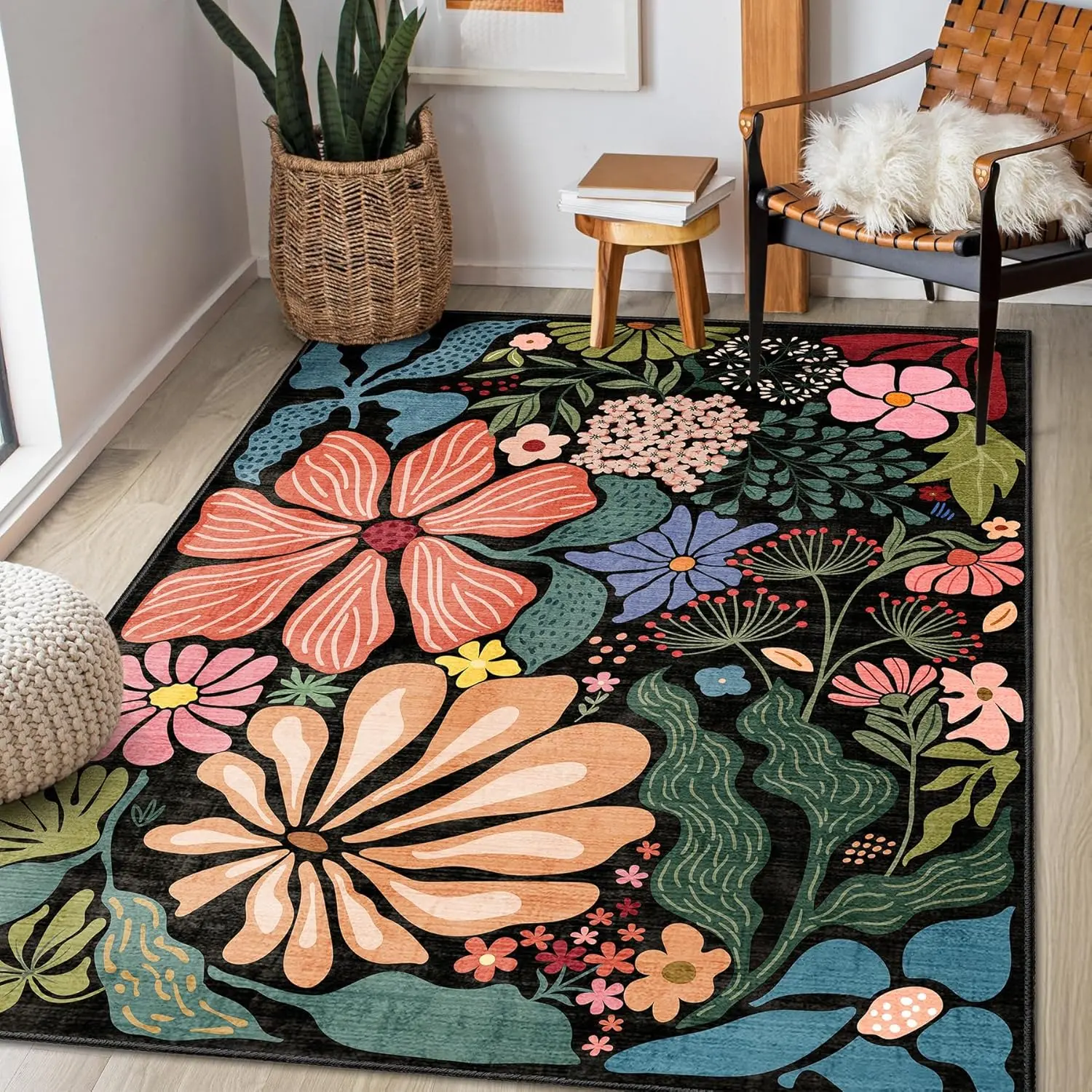 Floral 3x5 Washable Rugs,Black Large Area Rug for Entryway Kitchen Foyer,Small Throw Carpet for Bedroom Bedside Office Indoor Non Slip Boho Modern Abstract Botanical Flower