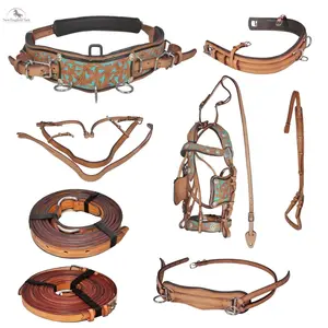 Premium Full-Size Equestrian Horse Harness - Hand-Tooled Carving Buff Leather, Stainless Steel Fittings, Decorative Look