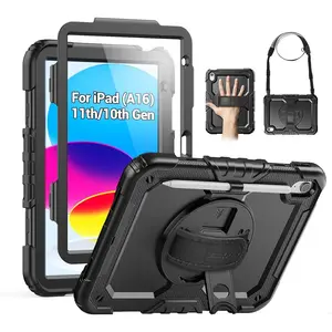 Case for iPad (A16) 11th/10th Generation 2025/2022 (11?/10.9?), Sturdy Heavy Duty Full- Shockproof Protective Case with Screen Protector, Rotating Stand, Hand/ Strap, Black