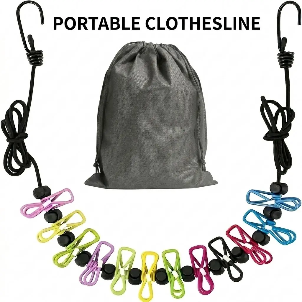 Portable Retractable Clothesline with 12 Clips, Home Laundry Drying Accessory for Travel, Camping, Beach, RV Use