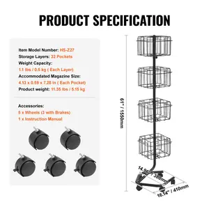 VEVOR Brochure Display Rack, 4-Tier 32 Pockets Rotating Magazine Literature Display Stand for Postcards, 360 Spinning Greeting Cards Rack with 5 Wheels (2 Lockable) for Shop Exhibitions Office