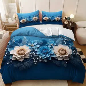Springtime Happy Blue and White Floral Feather Decor Down Comforter Set (1 comforter cover + 2 pillowcases, filling not included) - A perfect gift for family and friends. Soft and comfortable, suitable for family bedrooms and guest rooms.