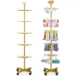 Retail Display Stand 5 Tier Spinning Display Rack with Wheels Keychain Jewelry Stocking Hat Display Stand with for Malls, Showroom, Retail Store (Gold)