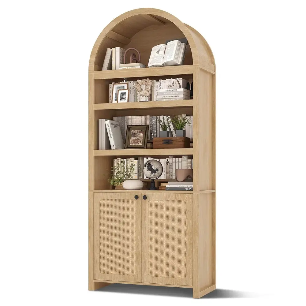 Sikaic 81 Inches Tall Arched 6-Tier Bookcase with Door Oak Mid-Century Modern Bookshelf with 2 Book Risers and Adjustable Shelves for Living Room, Kitchen and Home Office cost  cobuzz