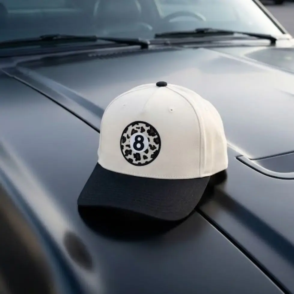Leopard 8 Ball Embroidered Trucker Hat – Retro Pool Ball Cap, Funny Billiard Hat, Western Snapback, Cow Embroidered Hat, Vintage Two-Tone Cap