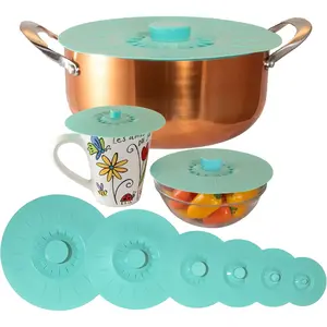 Silicone Lids Extra Large Teal Set of 6 Sturdy Suction Seal Covers. Universal fit For Pots,Fry Pans,Cups,Bowls 5" to 12". Natural grip handles interlock for easy use and storage. Food Safe.