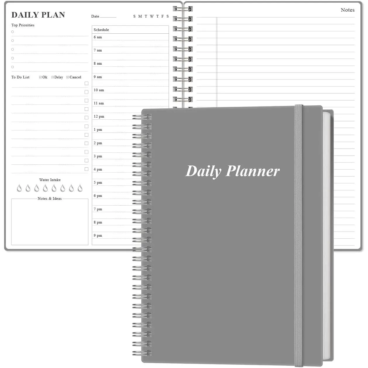 Daily Planner Undated - B5  Notebook Hourly Schedules, Spiral Appointment Planner for Women and Men, PVC Hardcover, Inner Pocket, Elastic Closure, 7" x 10", Grey, 1 Quick Reference Page, Academic Agenda, 75 Sheet Capacity