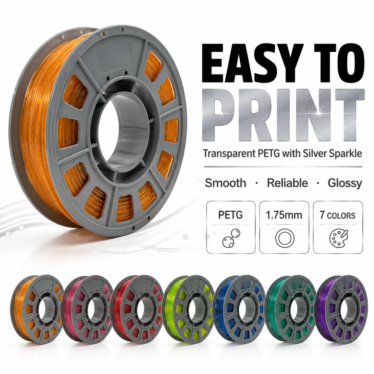 3D Printer Filament 1.75mm Transparent PETG with Silver Sparkle 300g Spool, High Gloss Glitter Effect PETG Filament, Smooth & Reliable FDM 3D Printing Material