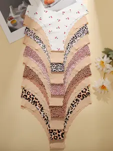 10 Pack Women's Underwear Set, Fruit & Solid Color Leopard Pattern, Fitted Natural Waist Design, Breathable Comfort All Season Wear