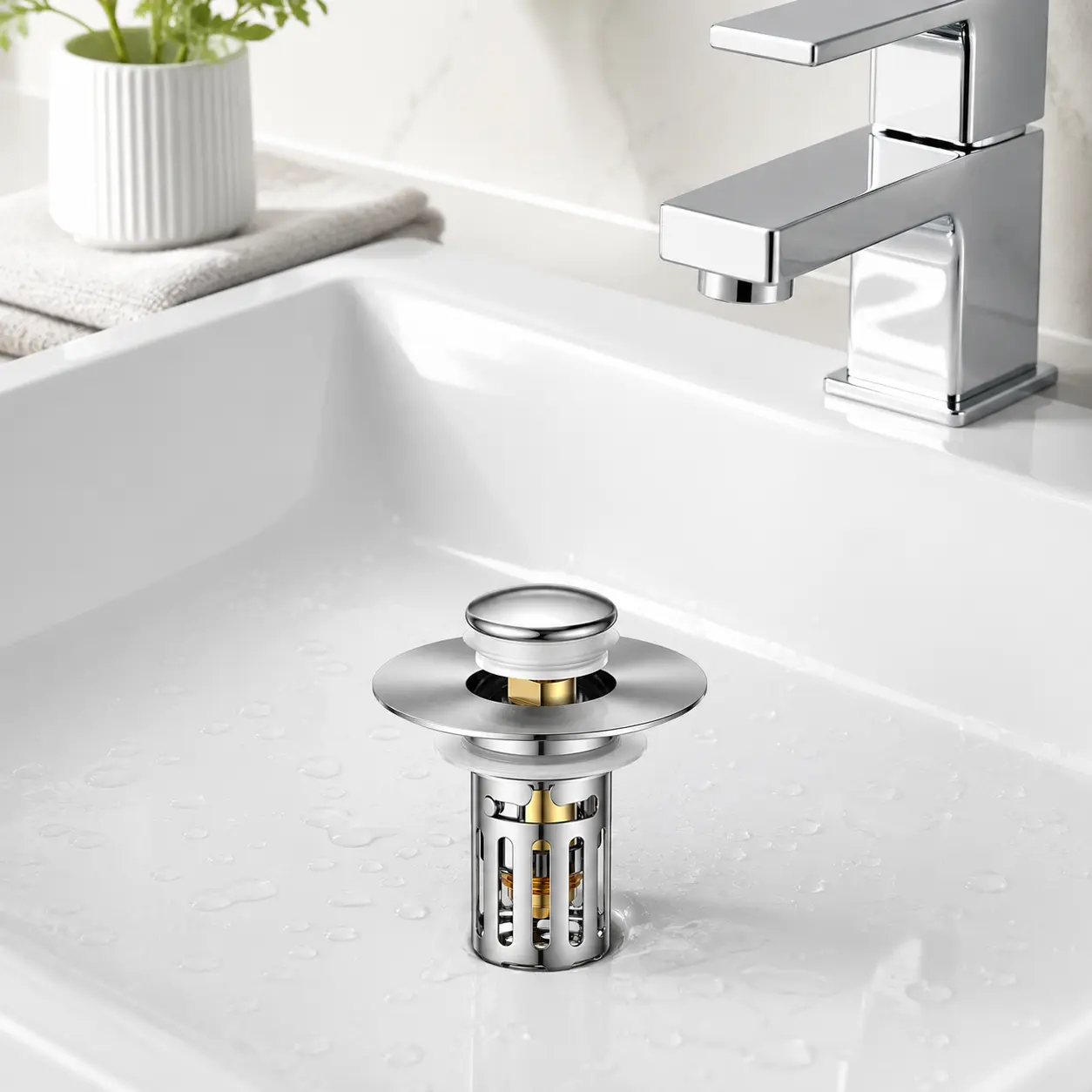 2-in-1 Sink Stopper: Bathroom Essential with Pop-Up Mechanism, Removable Stainless Filter – Fights Clogs, Stops Odors, Fits All Sinks!