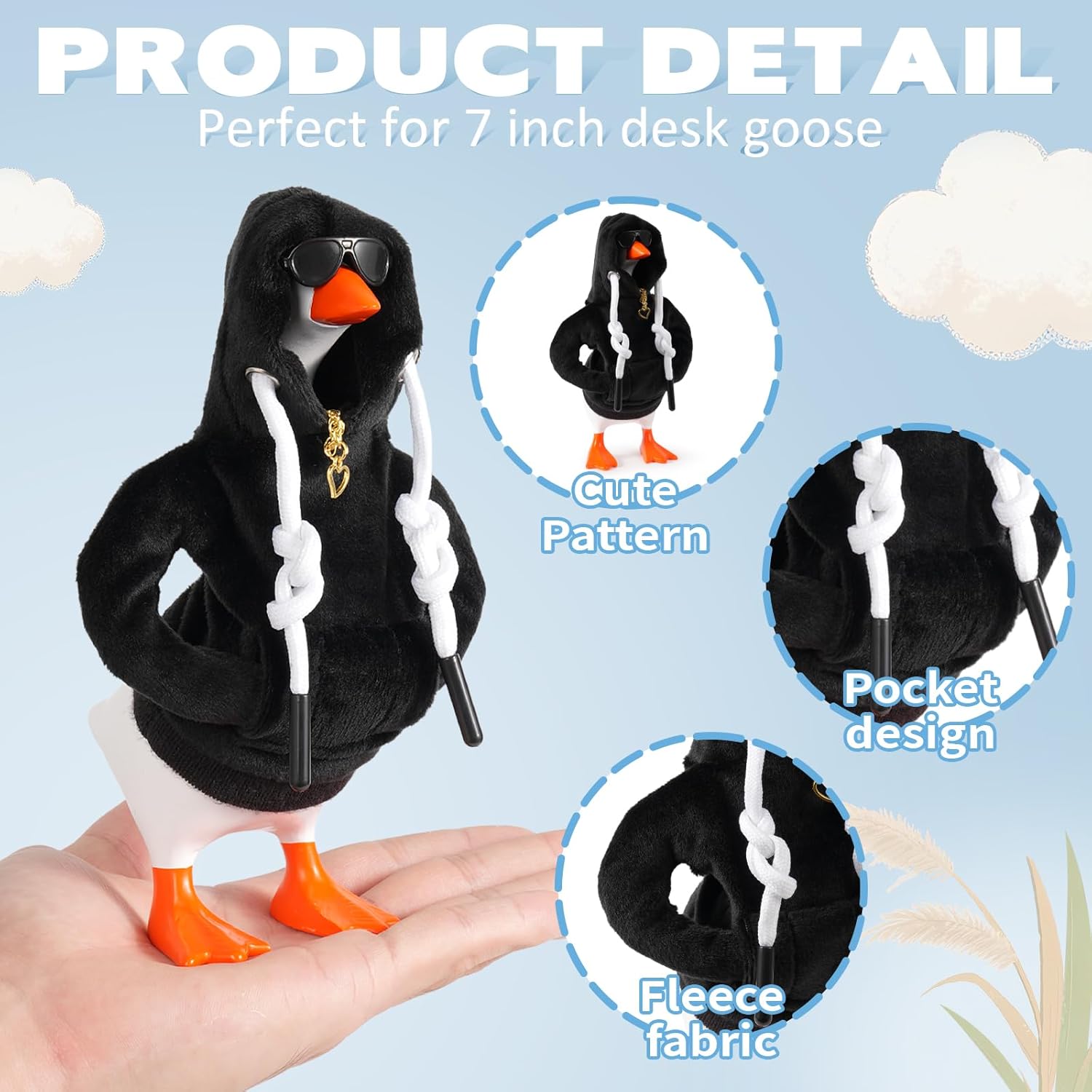7Inch Desk Goose Outfits Mini Desktop Goose Clothes and Accessories Set Hoodie Sunglasses Necklace for Magnetic Goose Key Holder Home Decor and Housewarming Gift