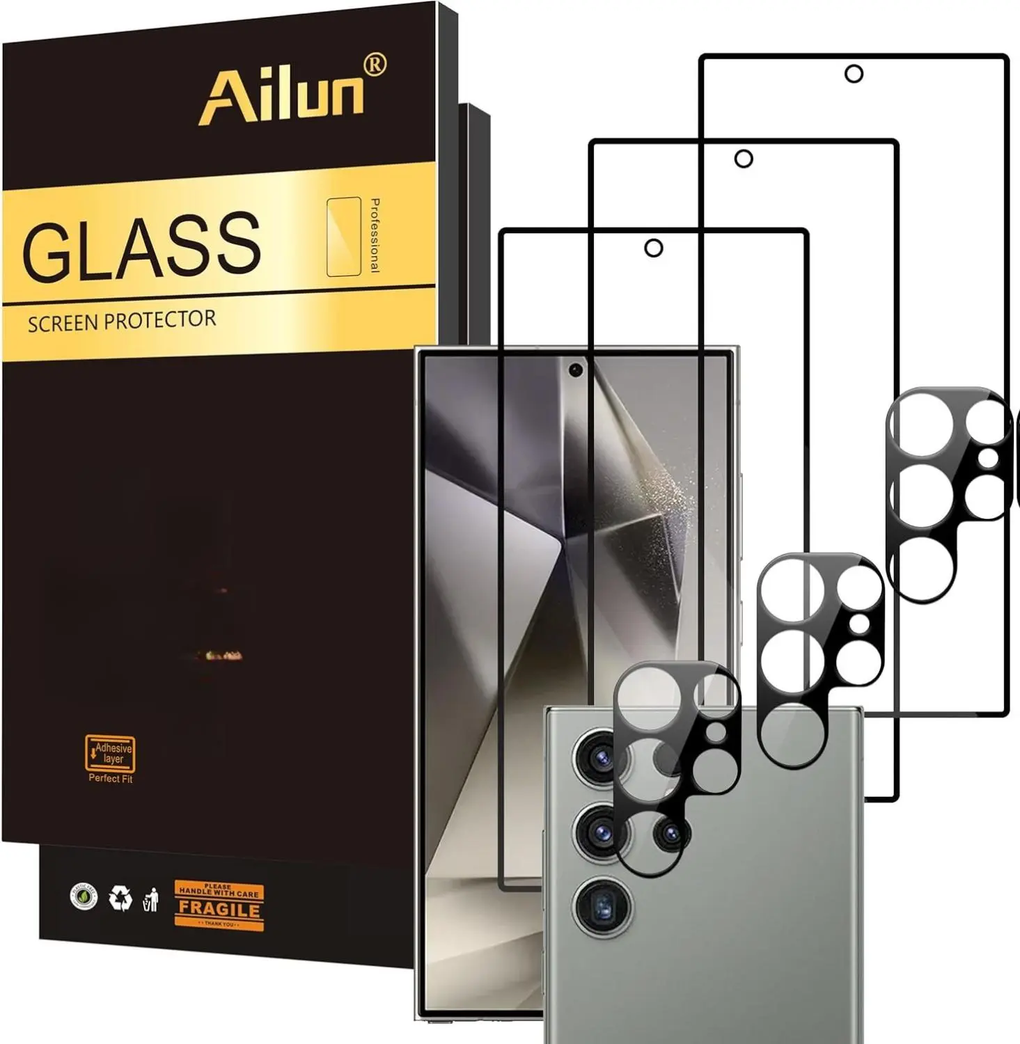 Ailun Glass Screen Protector for Galaxy S24 Ultra [6.8 Inch] 3Pack + 3Pack Camera Lens Tempered Glass Fingerprint Unlock 0.25mm Ultra Clear Anti-Scratch Case Friendly [Not For S24/S24 Plus] Installation Card