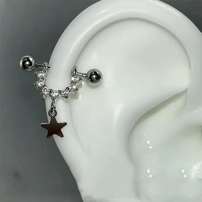 Hypoallergenic Star Pendant Edge Earring Ring, Studded U-shaped Earring, Small and Exquisite Non Removable Micro Studded Earring for Women