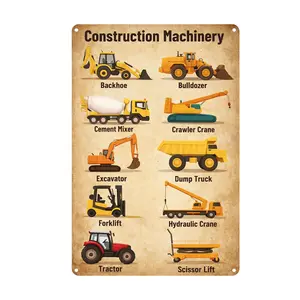 Construction Decor for Boys Room, Vintage Construction Machinery Metal Tin Sign, Kid Wall Art Decor for Bedroom, Playroom, Excavator & Truck Nursery Sign for Toddler Room - 8x12 Inch