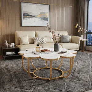 Modern Flower-Shaped Coffee Table, 39.37-Inch, Faux Marble Tabletop (White & Gold), Metal Frame, Floral Accent Center Table for Living Room, Bedroom, Lounge, Stylish Decorative Coffee Table for Home