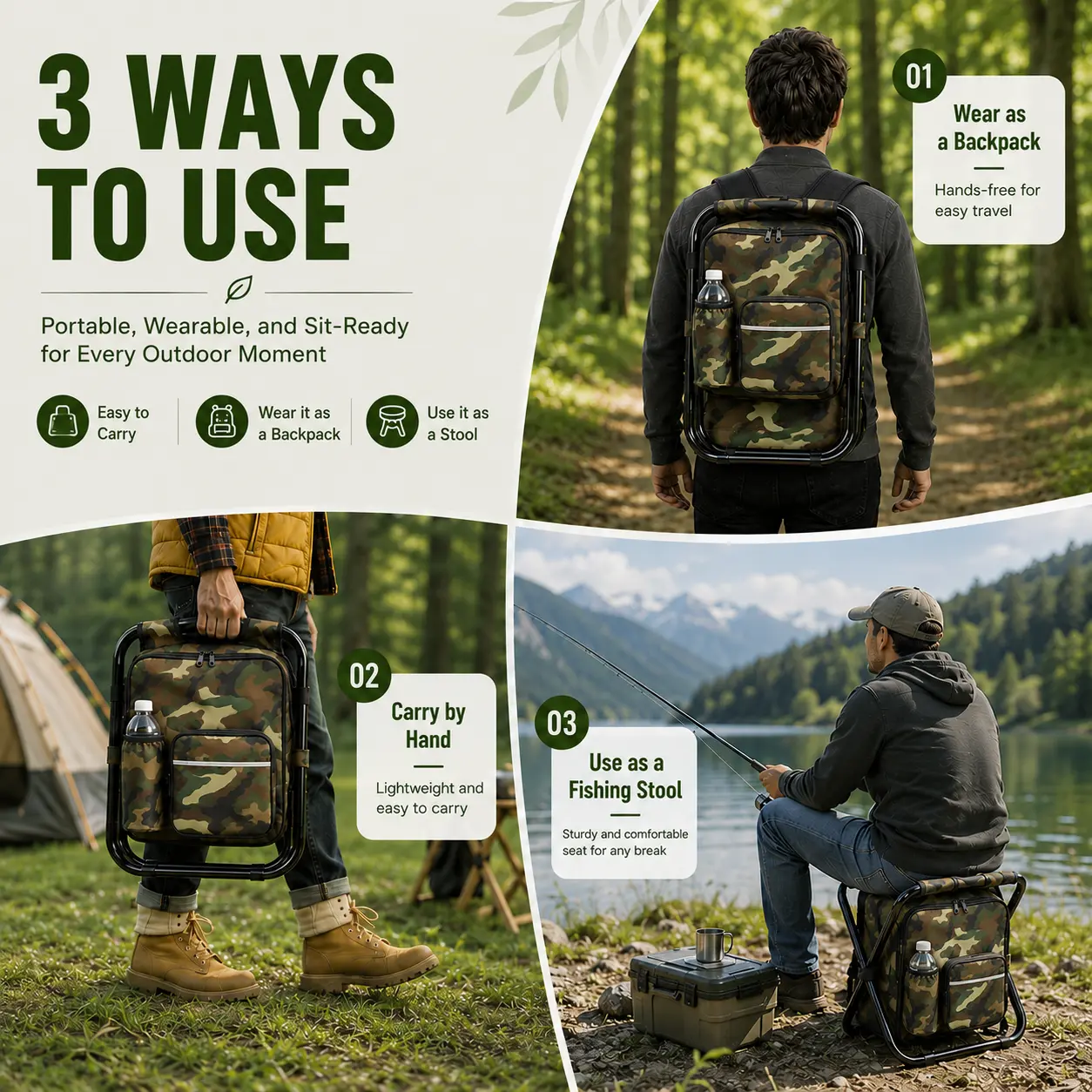 Folding Fishing Stool Backpack, 3-in-1 Portable Camo Oxford Chair with Insulated Cooler Bag for Camping & Hiking, Supports 300 lbs