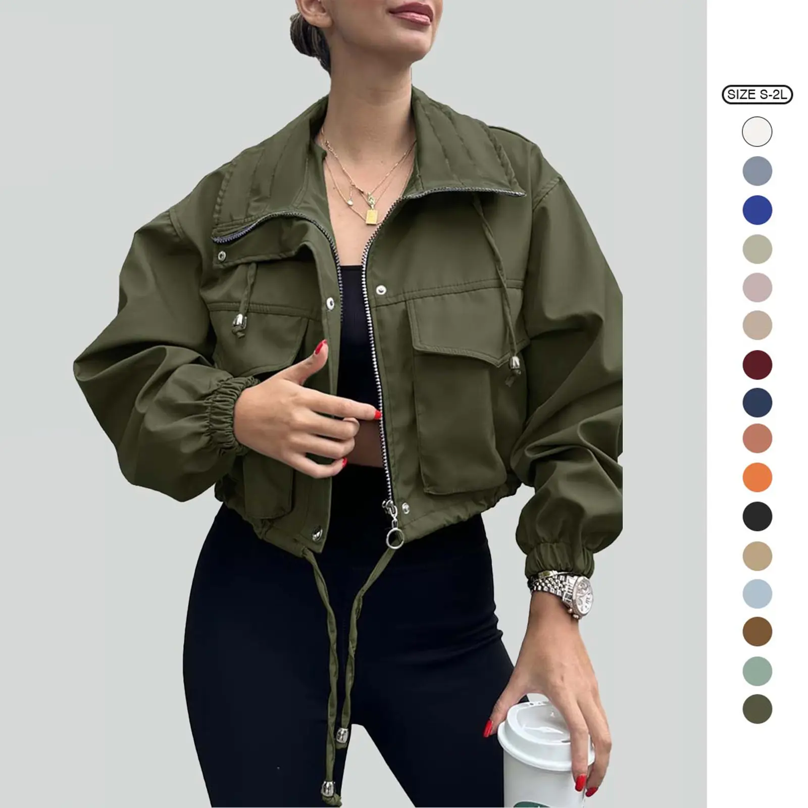 Imily Bela Womens Cropped Jacket Zip Up Lightweight Oversized Utility Anorak Coat with Pockets