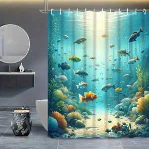 Underwater World Fish Fish Pattern Forest Shower Curtain Design, Polyester Fabric, Windows and Walls, Bathtubs, Bathroom Home Decoration Shower Curtain, Four Seasons Universal Shower Curtain, Bathroom Decoration Curtain, Comes with 12 Hooks