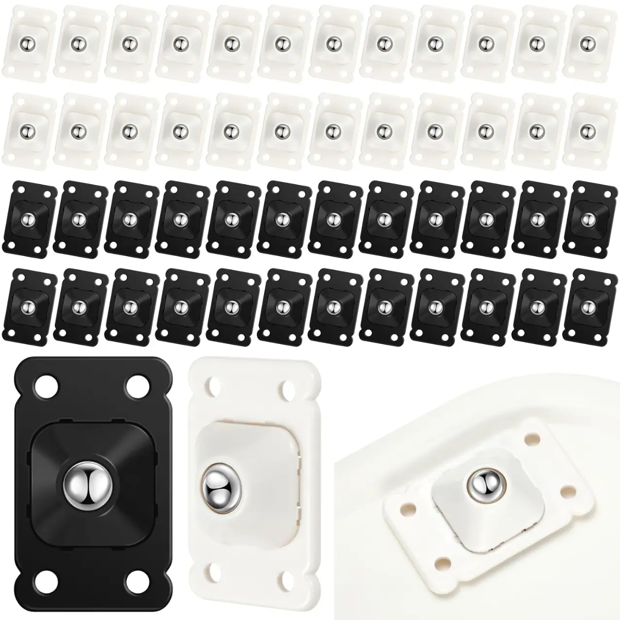 48 Pcs Self-Adhesive Plastic Caster Appliance Rollers - Storage Wheels with 360° Swivel Mini Bearings, Furniture Lift Mover for Moving Furniture, Table Top, Makeup Storage (White, Black)