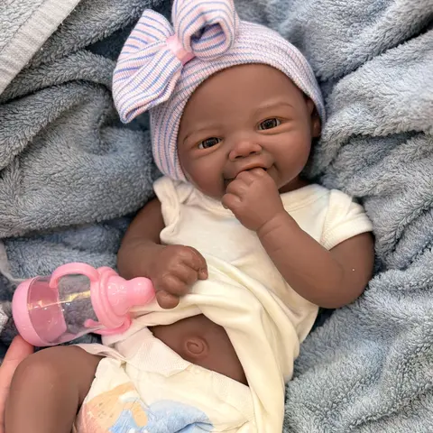 18-in Lifelike Newborn Baby Doll, Soft Silicone Brown Skin Doll with Happy Smile, Realistic Details, Soft Body, Bottle, Birth Certificate & Comfort Item, Ideal for Collectors & Birthday Gifts, Lifelike Newborn Doll