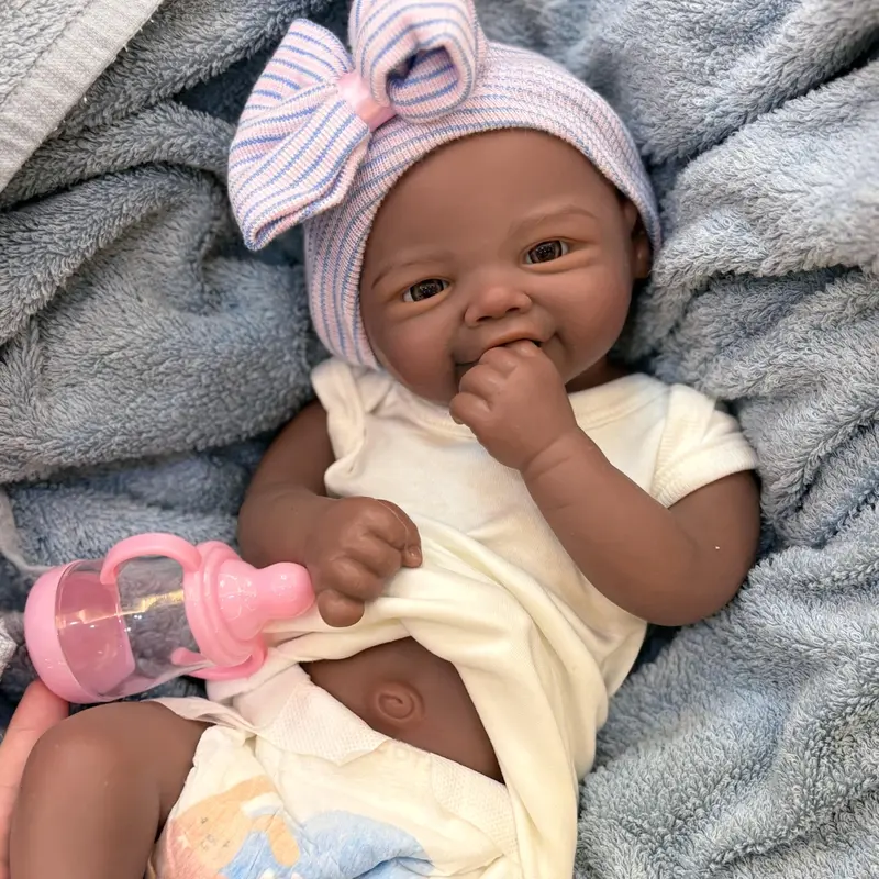 18-in Lifelike Newborn Baby Doll, Soft Silicone Brown Skin Doll with Happy Smile, Realistic Details, Soft Body, Bottle, Birth Certificate & Comfort Item, Ideal for Collectors & Birthday Gifts, Lifelike Newborn Doll