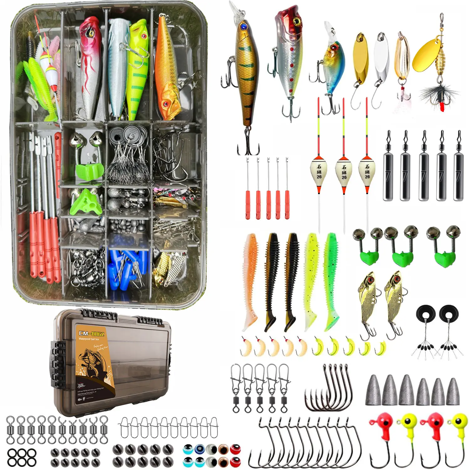 A complete set of 175-320 fishing accessories, including fishing gear box, metal bait and silicone soft bait, hooks and weight accessories,Fishing bait kit suitable for seawater and freshwater