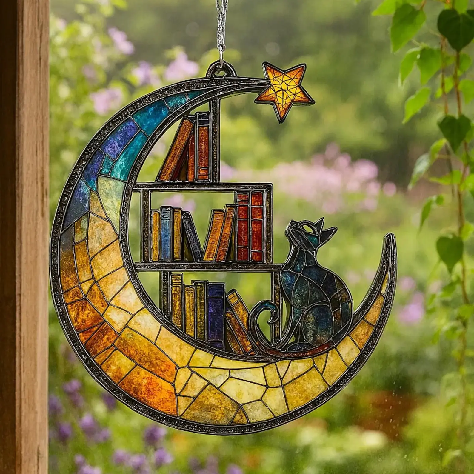 Moon Cat Library Suncatcher, Book Lover Window Decor Sun Catcher Decor Window Hanging, Spring Decor