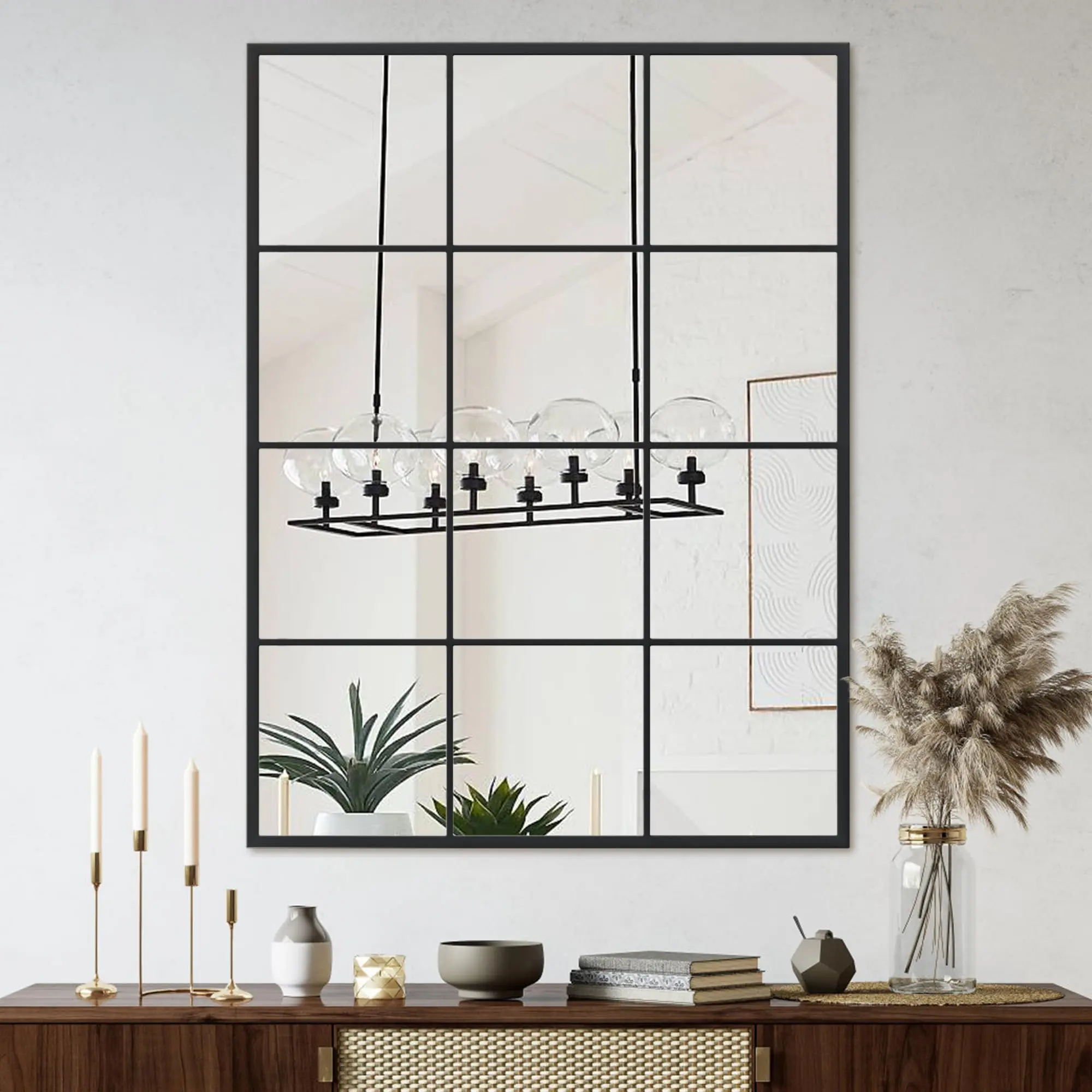 Window Wall Mirror, Oversized Window Decorative Mirrors, Metal Framed Wall Decor Wall-Mounted Mirrors for Bedroom, Living Room, Entryway, Black