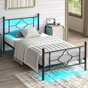 Twin Bed Frame with Headboard and Footboard, Metal Bed Frame with Charging Station and LED Lights, Under Bed Storage, No Box Spring Needed,Noise Free, Black
