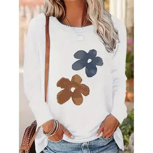 Women's Casual Long Sleeve Crew Neck T-Shirt - Hand-Painted Oil Color Floral Print, Black with Blue & Brown Flowers, Regular Fit All-Season Top, Machine Washable, Ladies T Shirts