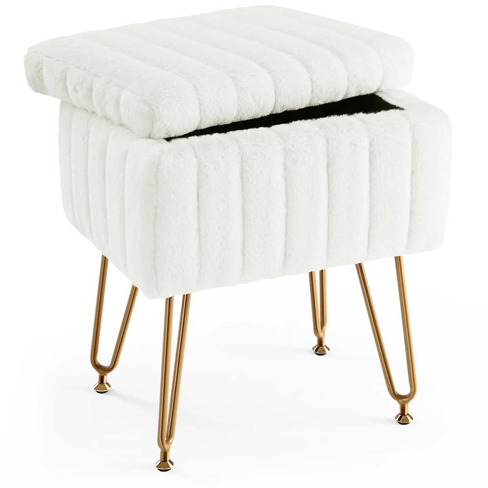 Vanity Stool Chair with Storage, Ottoman Faux Fur Soft Padded Makeup Footstools Seat with 4 Metal Legs Anti-Slip Adjustable Feet Modern Cute Small Footrest for Home Entryway Bedroom