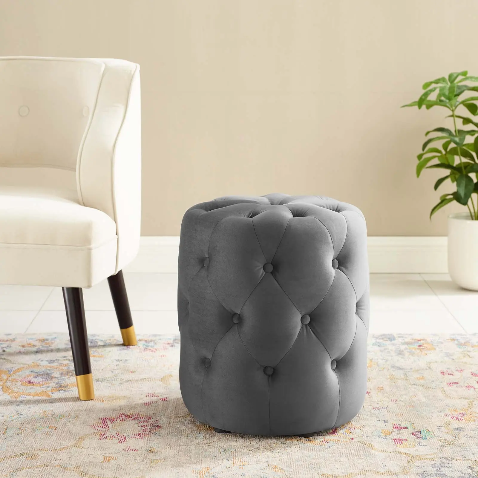Modway Amour Tufted Button Round Performance Velvet Ottoman in Gray