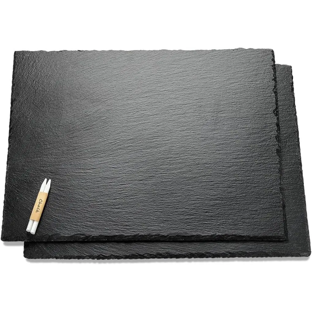 2 Pcs 16x12in Large Slate Cheese Boards Serving Tray Stone Platter Pacemat with 2 Chalks for Christmas