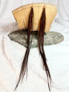 Brown Feather Earrings 12 Inch | Brown Grizzly Feather Earrings | Long Statement Feather Earrings