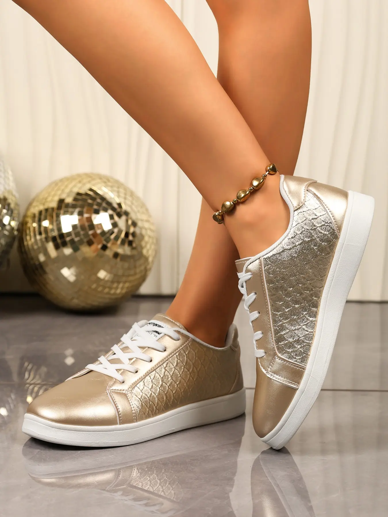 Shiny Metal-Look Low Top Casual Shoes, Snake Print Laces Comfortable Rubber Board Sneakers, Daily Street Style Versatile Women's Footwear