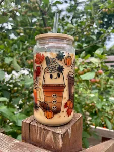 16oz Glass can- Fall Halloween Ghost drinks, Libbey glass, gifts for her, autumn fall glass can, glass can with bamboo lid