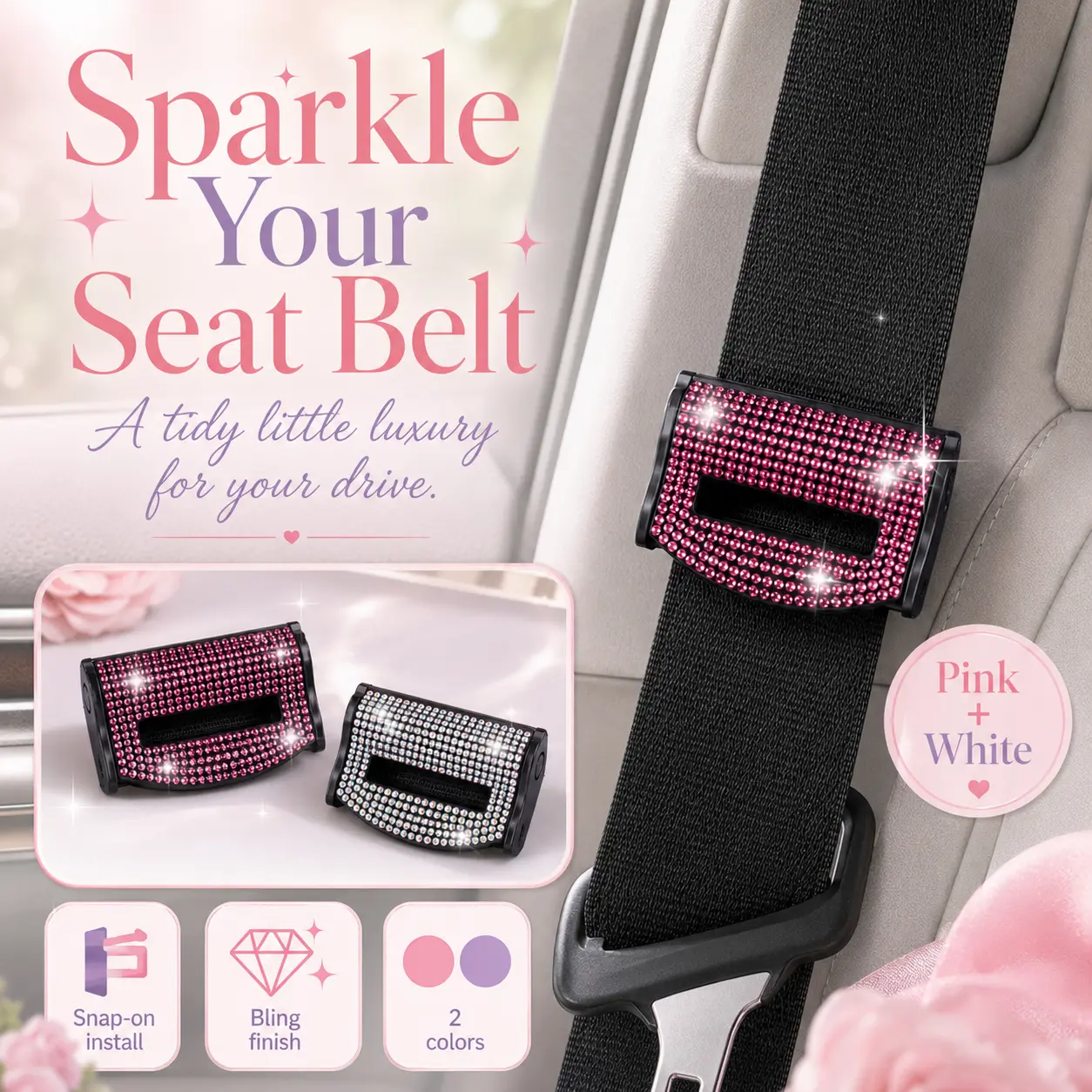 Bling Pink Crystal Seat Belt Clip Adjuster, Sparkly Rhinestone Seatbelt Lock Stopper Clamp, Chic Aesthetic Interior Car Accessories for Women