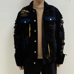 YXLUOKY Autumn Winter Men's Hip Hop Graffiti Tie-Dye Denim Jacket Vintage Streetwear Outerwear Trendy Ripped Casual Fashion Coat