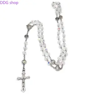 Crystal Beaded Rosary Necklace, Cross Pendant Long Chain, Catholic Religious Jewelry, Vintage Prayer Rosary for Women, Spiritual Baptism & First Communion Gift, Boho Layering Accessory
