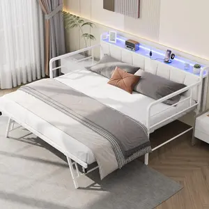 White Twin Daybed with Trundle, Charging Station and LED Light, Linen Upholstered Storage Headboard, Heavy Duty Metal Bed Frame with Pop Up Trundle Bed for Living Room, Bedroom, and Guest Room